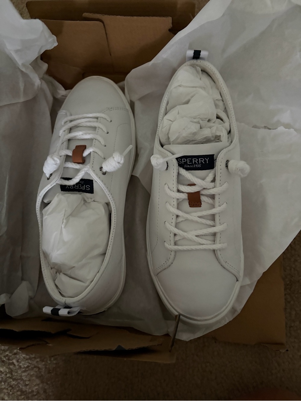 Sperry White Low-Top Leather Sneakers with Tan Lace Tab